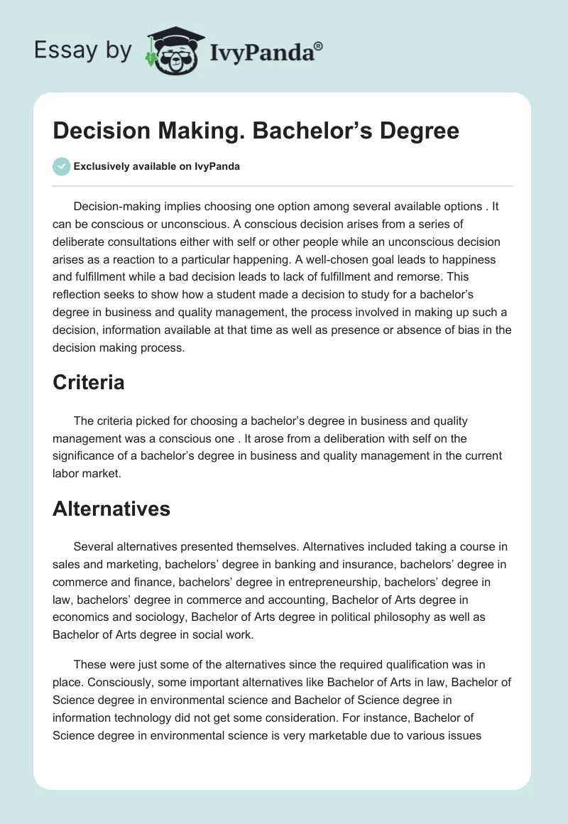 Decision Making. Bachelor’s Degree. Page 1
