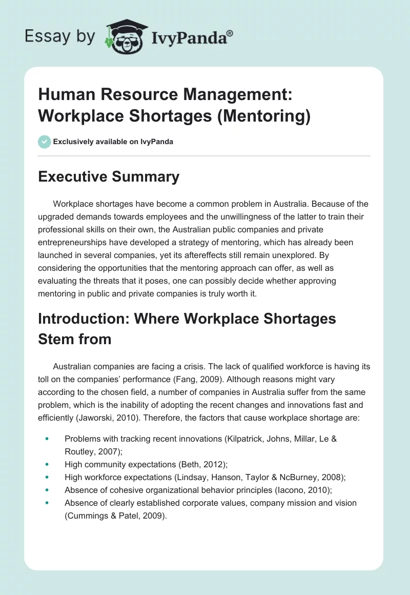 Human Resource Management: Workplace Shortages (Mentoring). Page 1