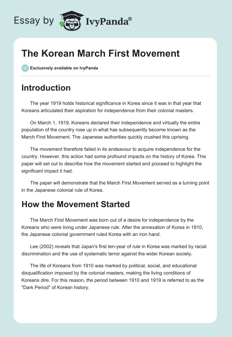 The Korean March First Movement. Page 1