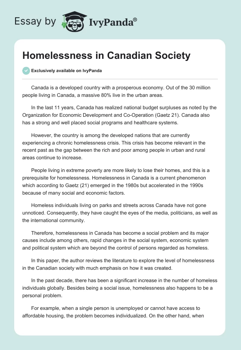 Homelessness in Canadian Society. Page 1