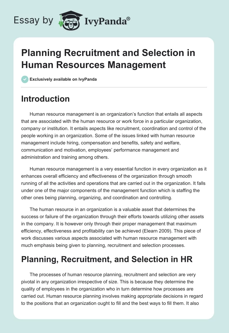 Planning Recruitment and Selection in Human Resources Management. Page 1
