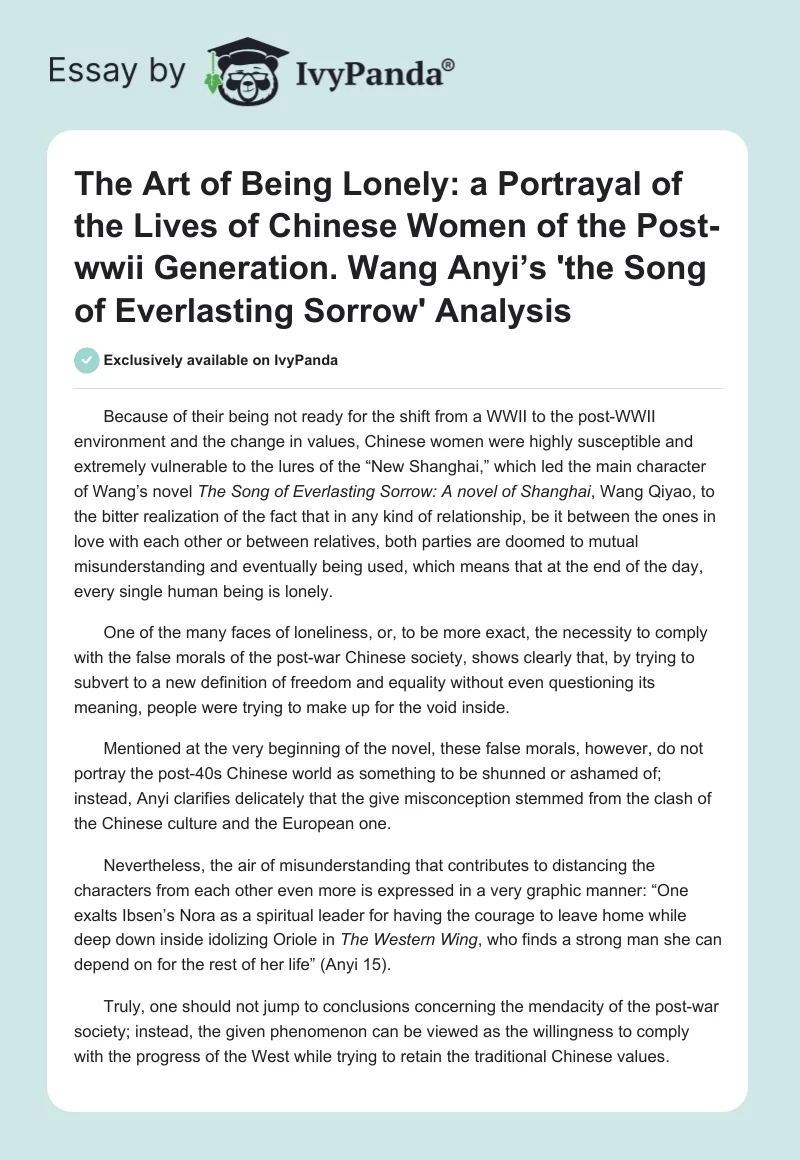 The Art of Being Lonely: A Portrayal of the Lives of Chinese Women of the Post-WWII Generation. Wang Anyi’s "The Song of Everlasting Sorrow" Analysis. Page 1