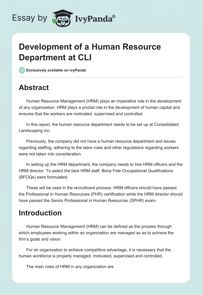 Development of a Human Resource Department at CLI. Page 1