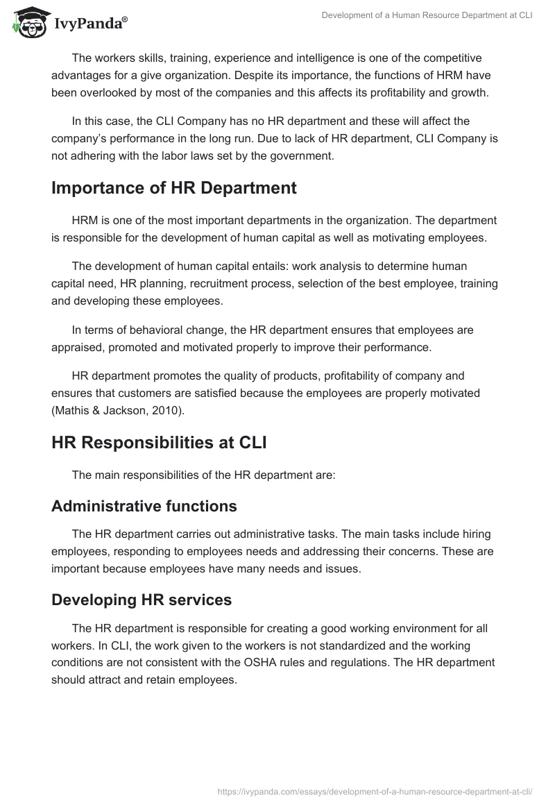 Development of a Human Resource Department at CLI. Page 3