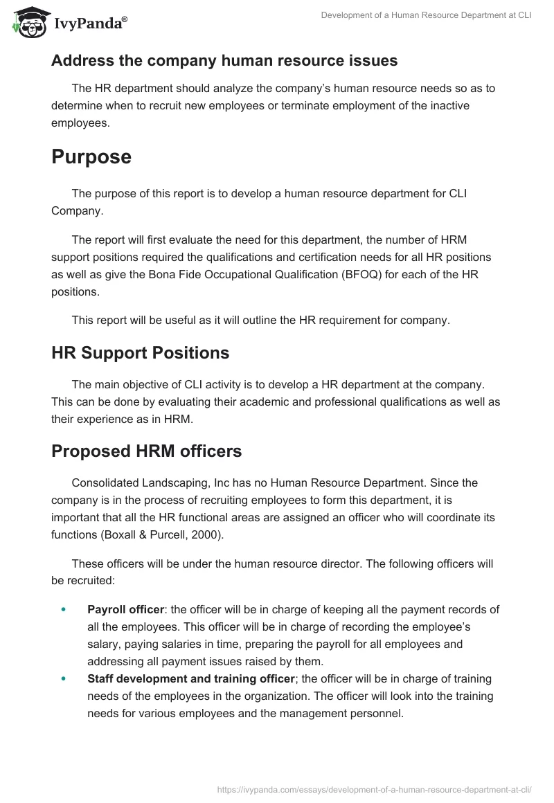 Development of a Human Resource Department at CLI. Page 4