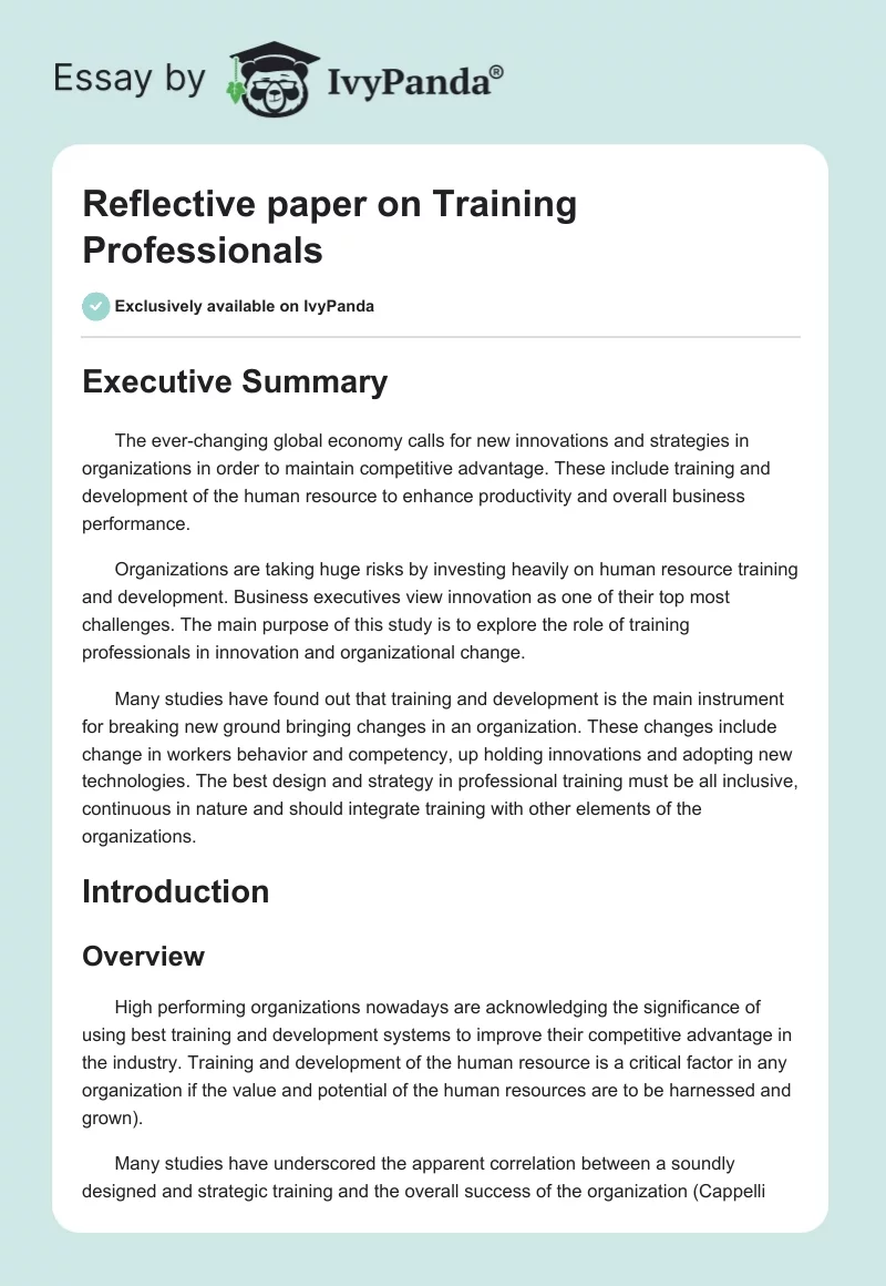 Reflective paper on Training Professionals - 1342 Words