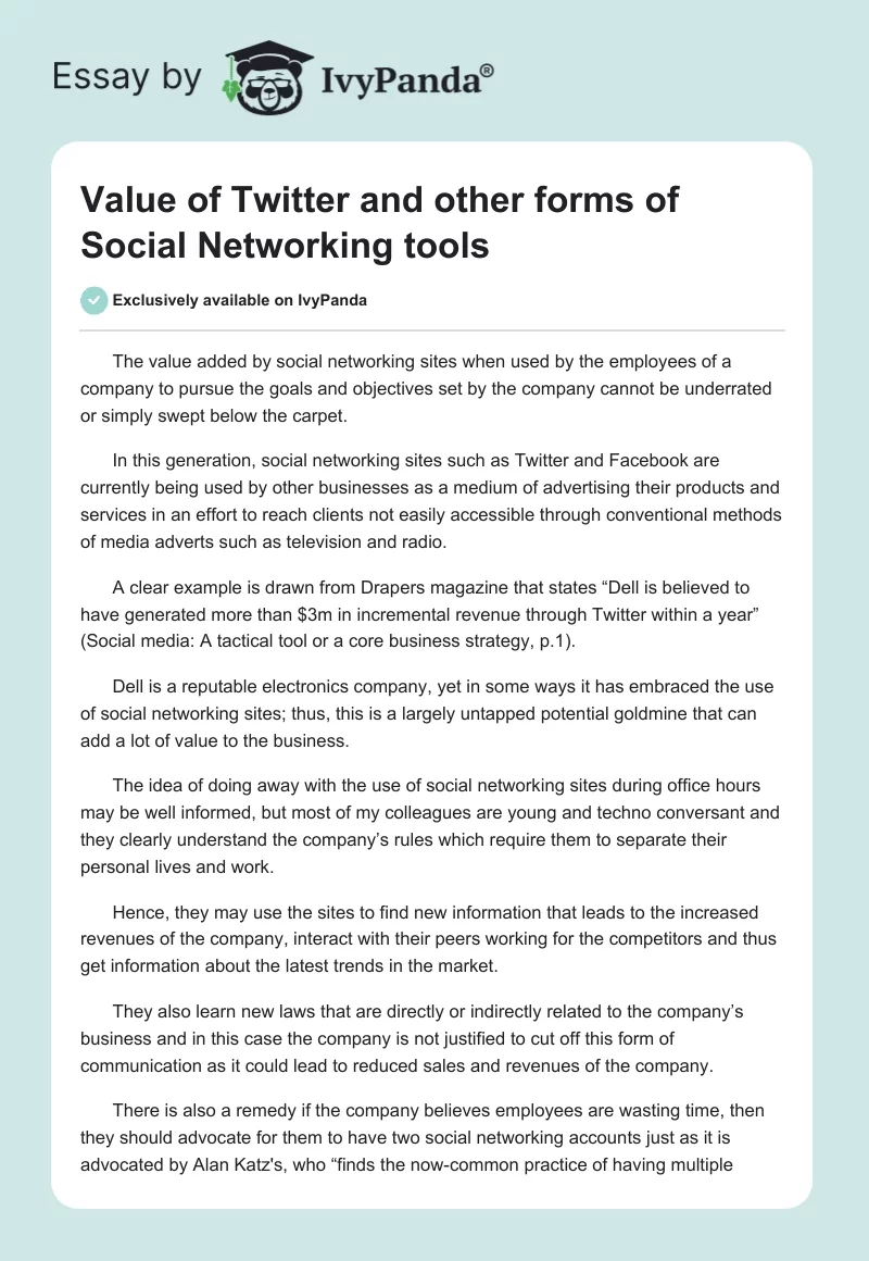 Value of Twitter and Other Forms of Social Networking Tools. Page 1