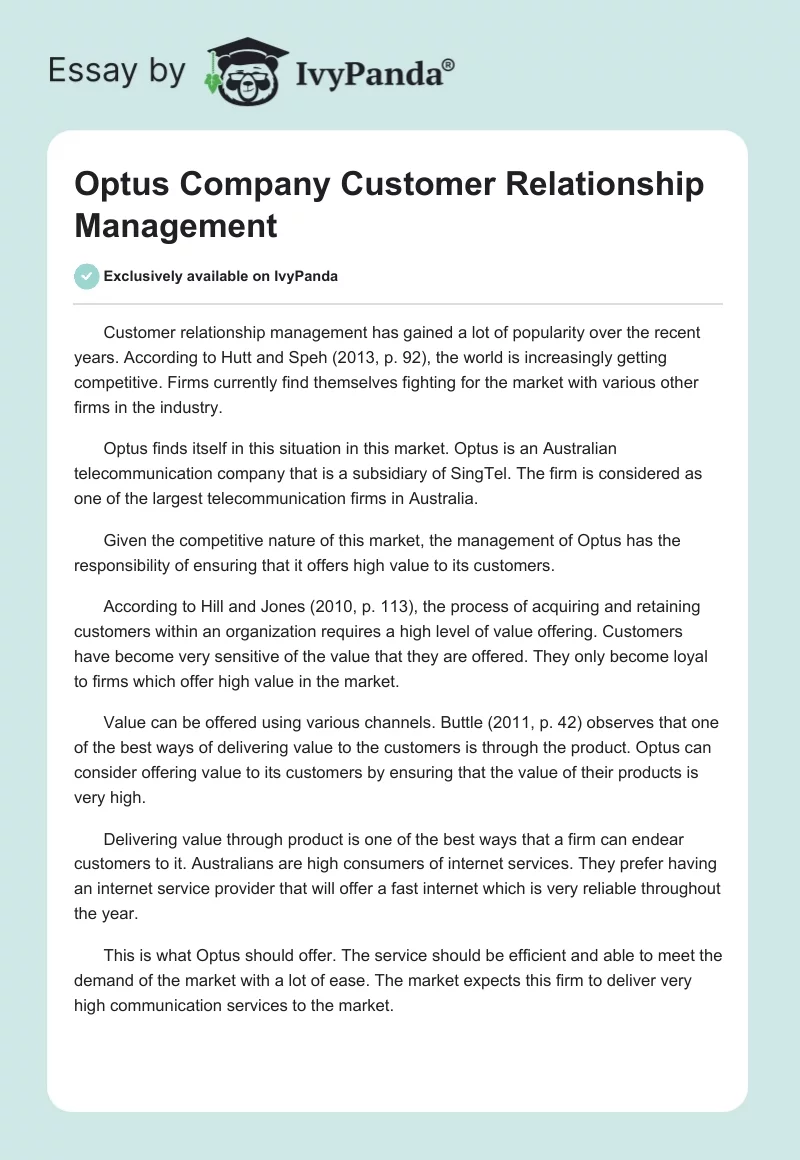 Optus Company Customer Relationship Management. Page 1