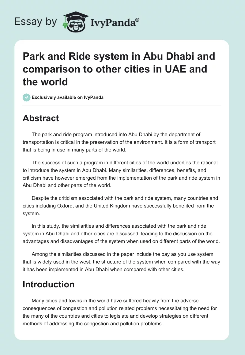 Park and Ride system in Abu Dhabi and comparison to other cities in UAE and the world. Page 1