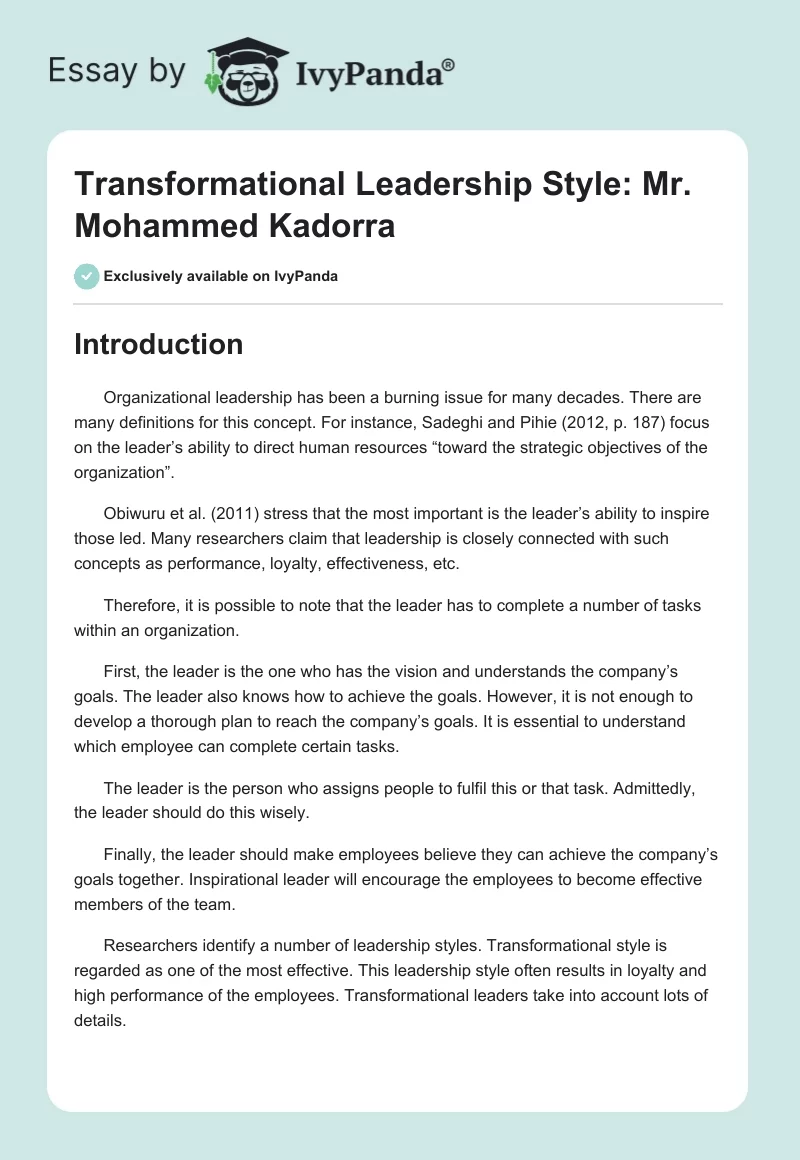 Transformational Leadership Style: Mr. Mohammed Kadorra. Page 1