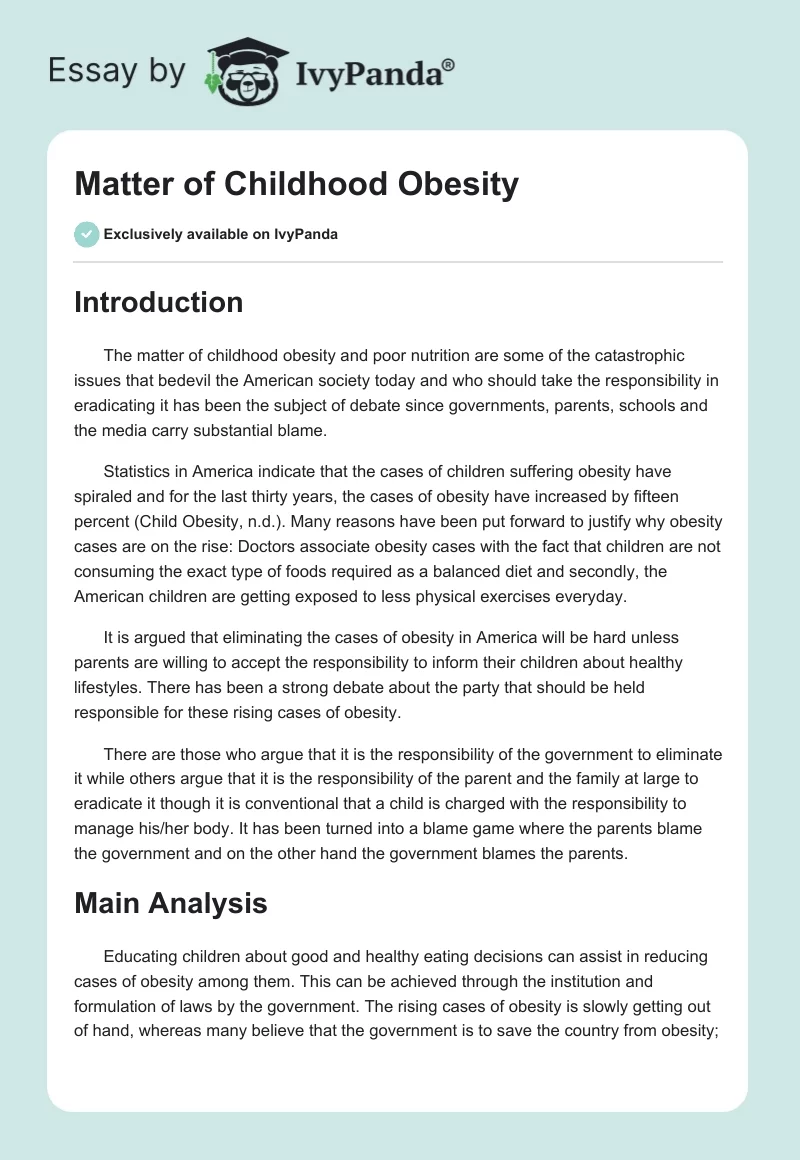 Matter of Childhood Obesity. Page 1