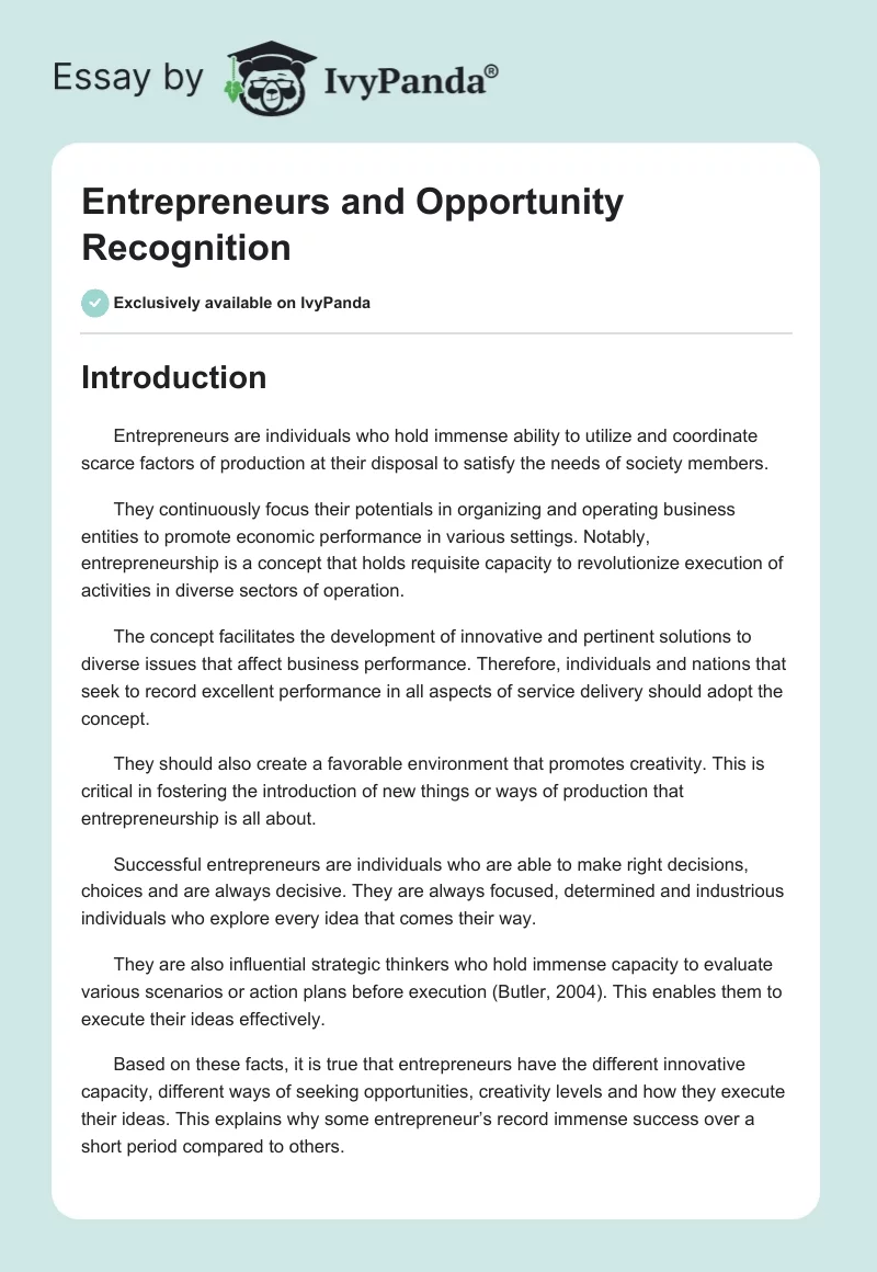 Entrepreneurs and Opportunity Recognition. Page 1