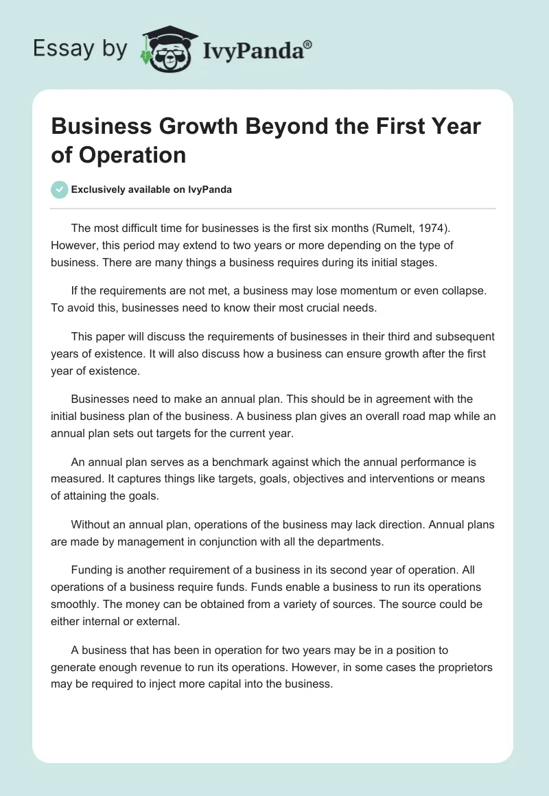 Business Growth Beyond the First Year of Operation. Page 1