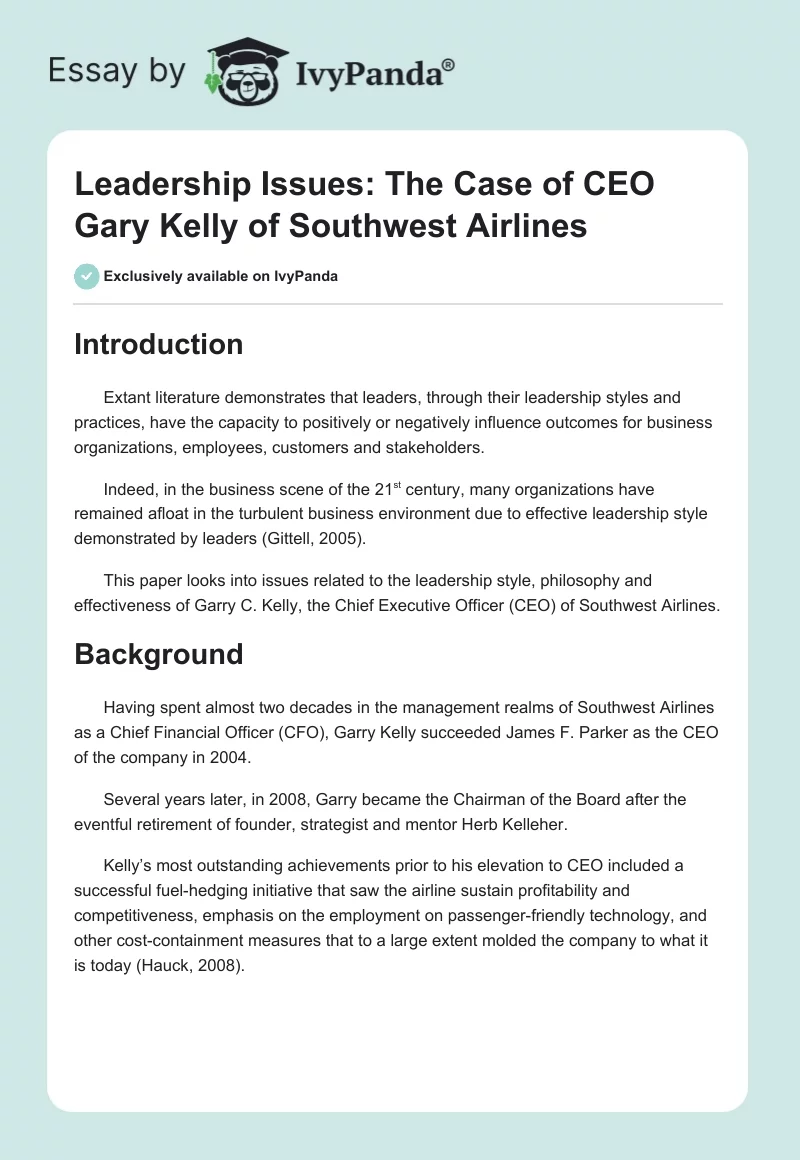 Leadership Issues: The Case of CEO Gary Kelly of Southwest Airlines. Page 1
