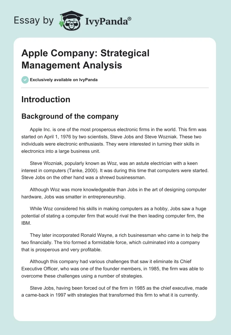 Apple Company: Strategical Management Analysis. Page 1