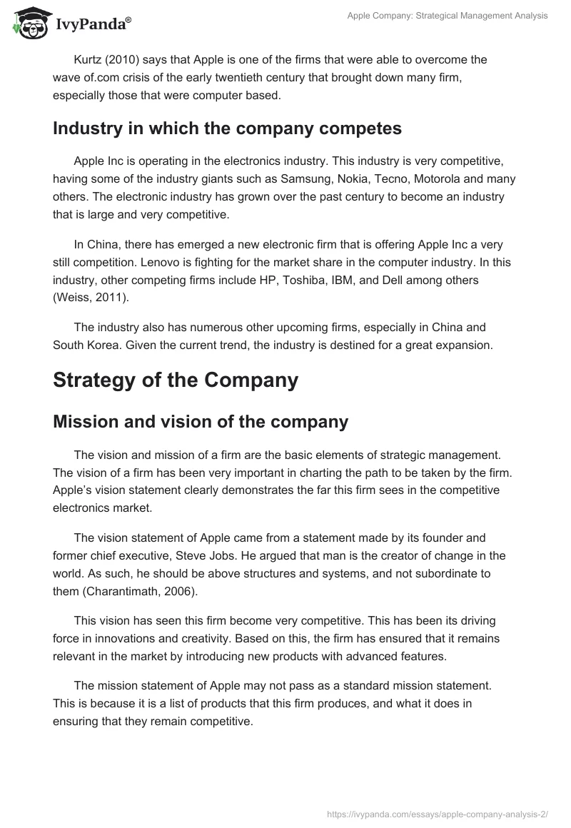 Apple Company: Strategical Management Analysis. Page 2