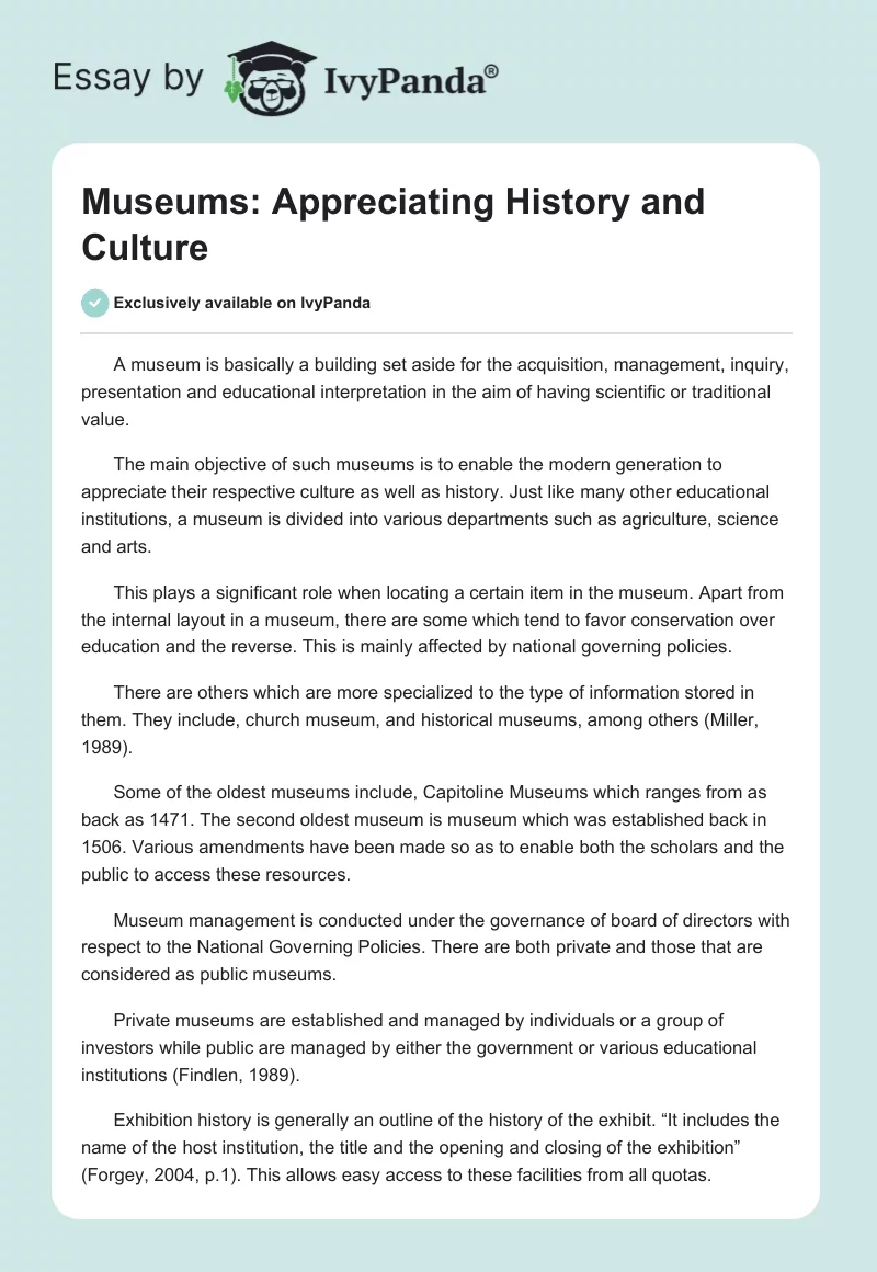 Museums: Appreciating History and Culture. Page 1