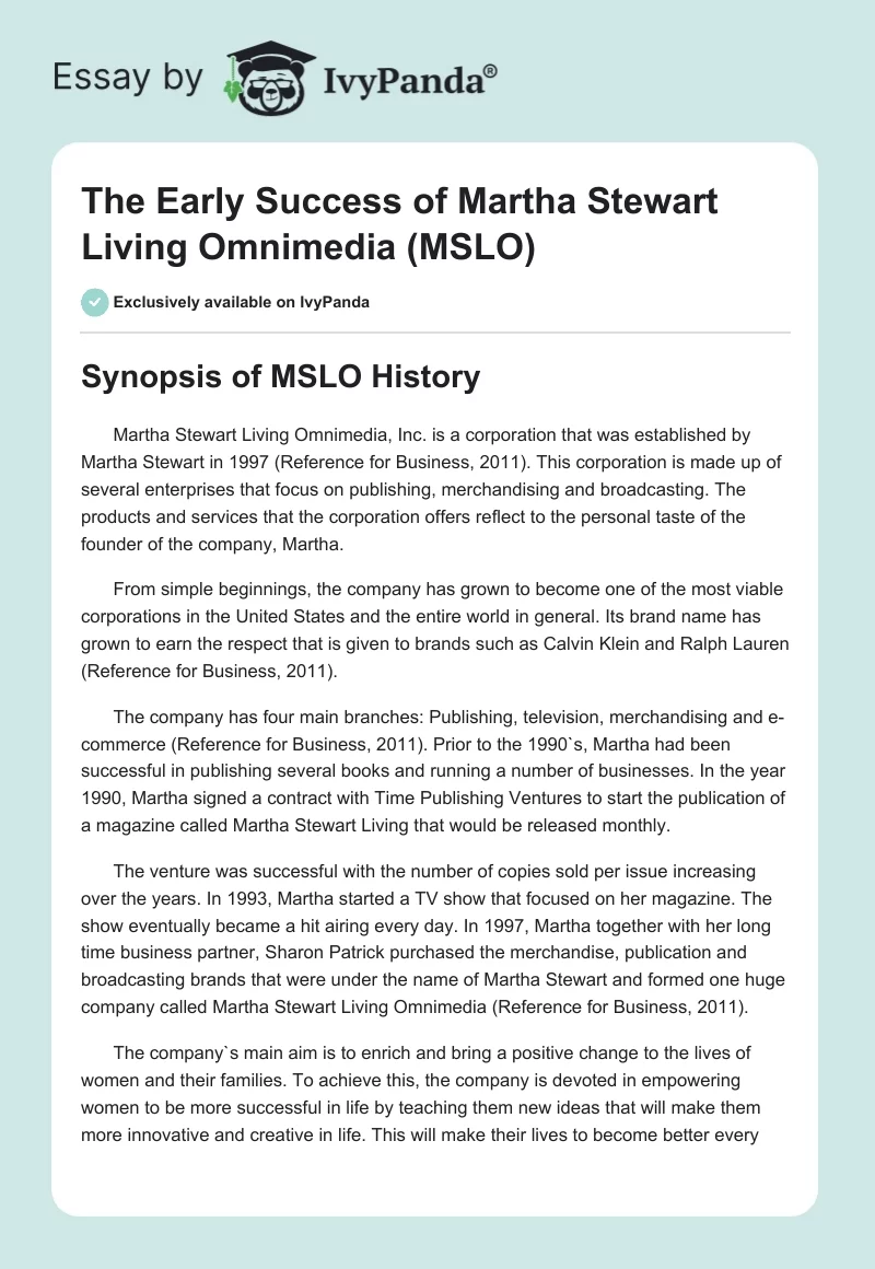 The Early Success of Martha Stewart Living Omnimedia (MSLO). Page 1