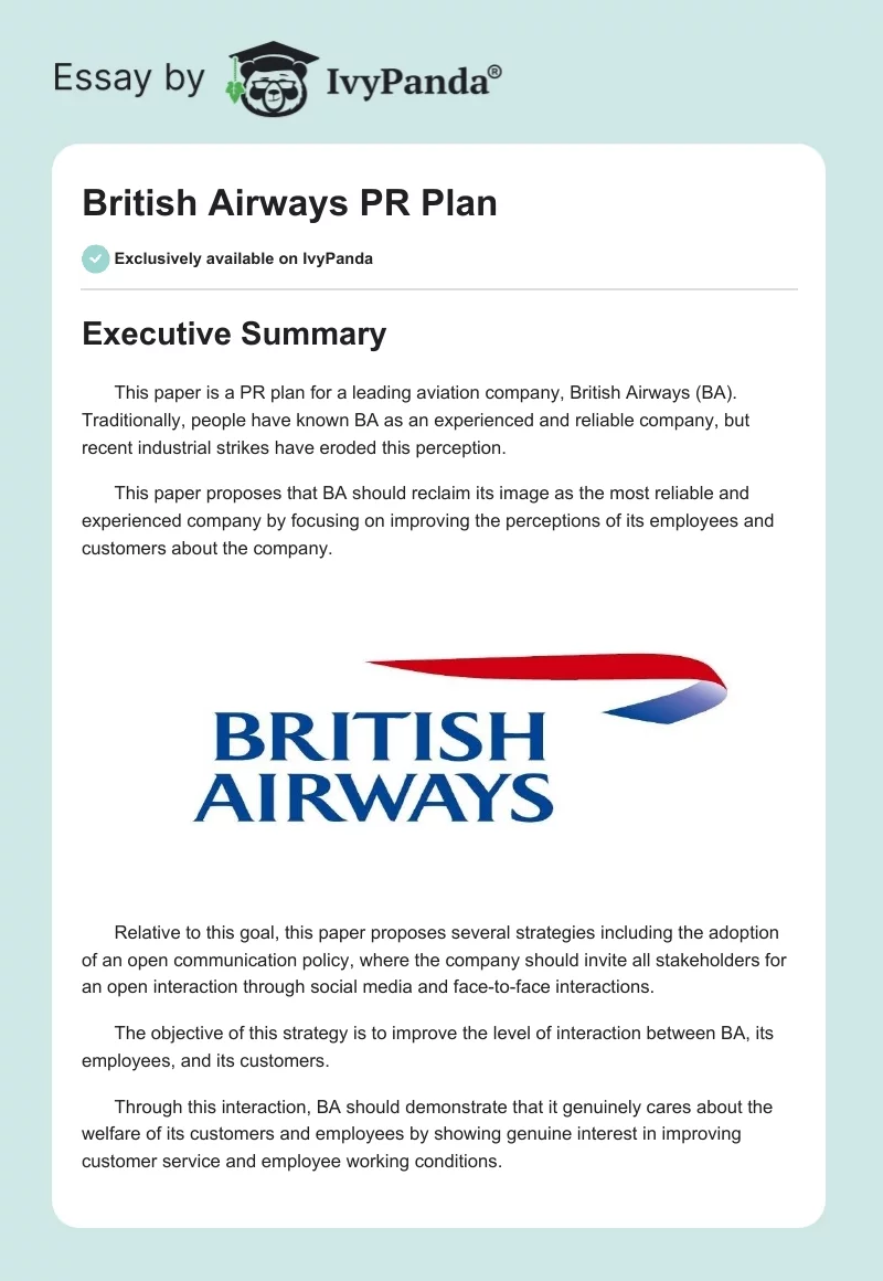 British Airways PR Plan. Page 1