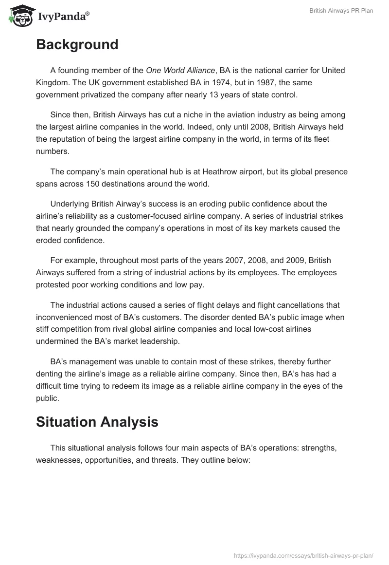 British Airways PR Plan. Page 2