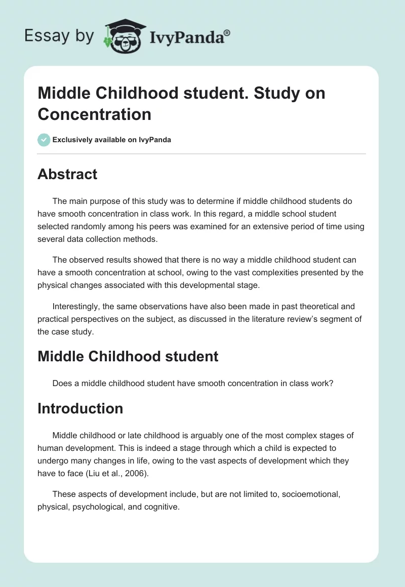 Middle Childhood Student. Study on Concentration. Page 1