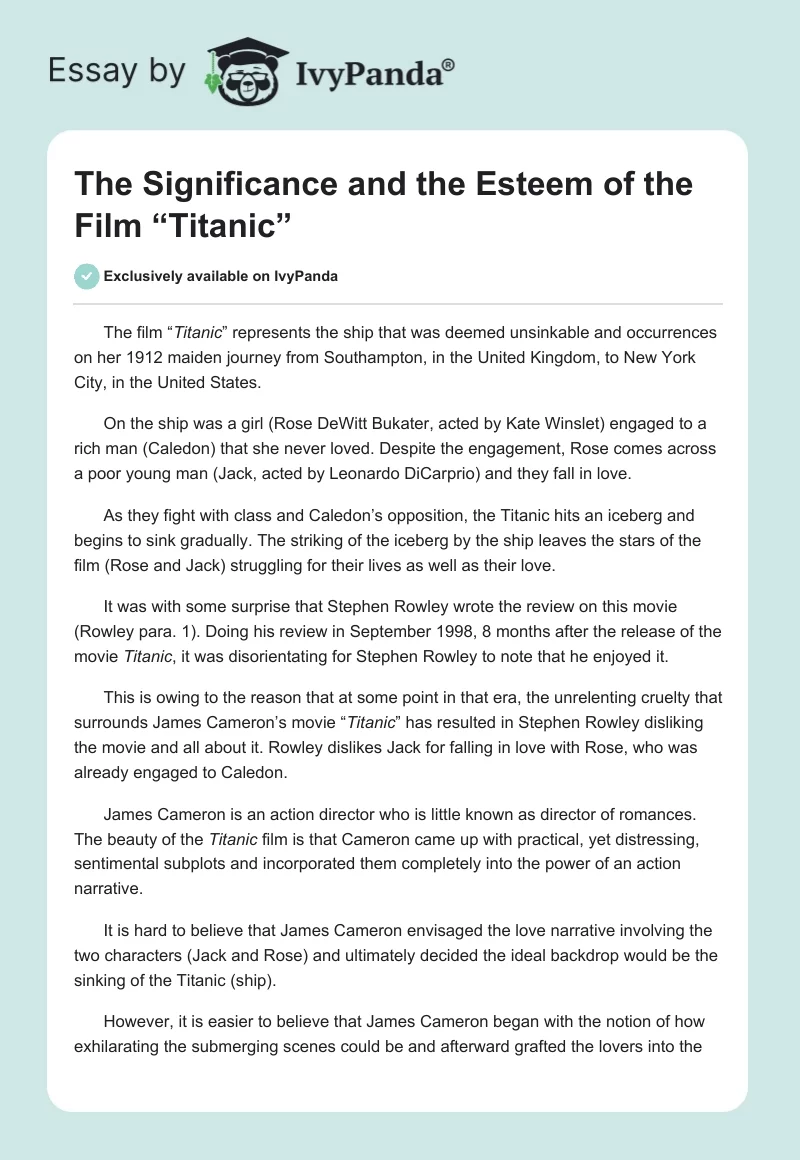 The Significance and the Esteem of the Film “Titanic”. Page 1