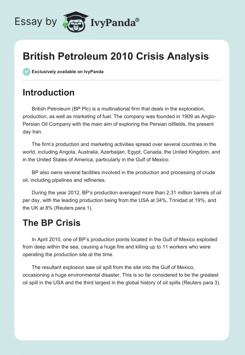 British Petroleum 2010 Crisis Analysis. Page 1