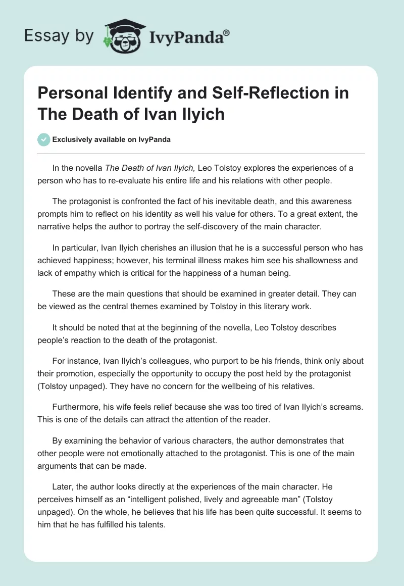 Personal Identify and Self-Reflection in The Death of Ivan Ilyich. Page 1