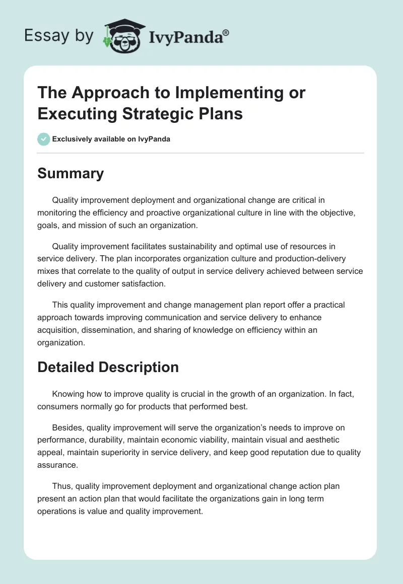 The Approach to Implementing or Executing Strategic Plans. Page 1