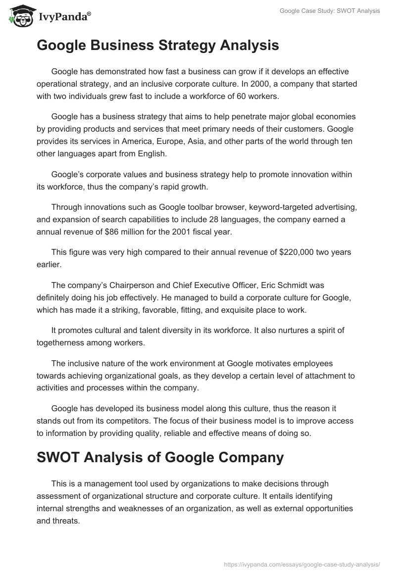 Google Case Study: SWOT Analysis. Page 2
