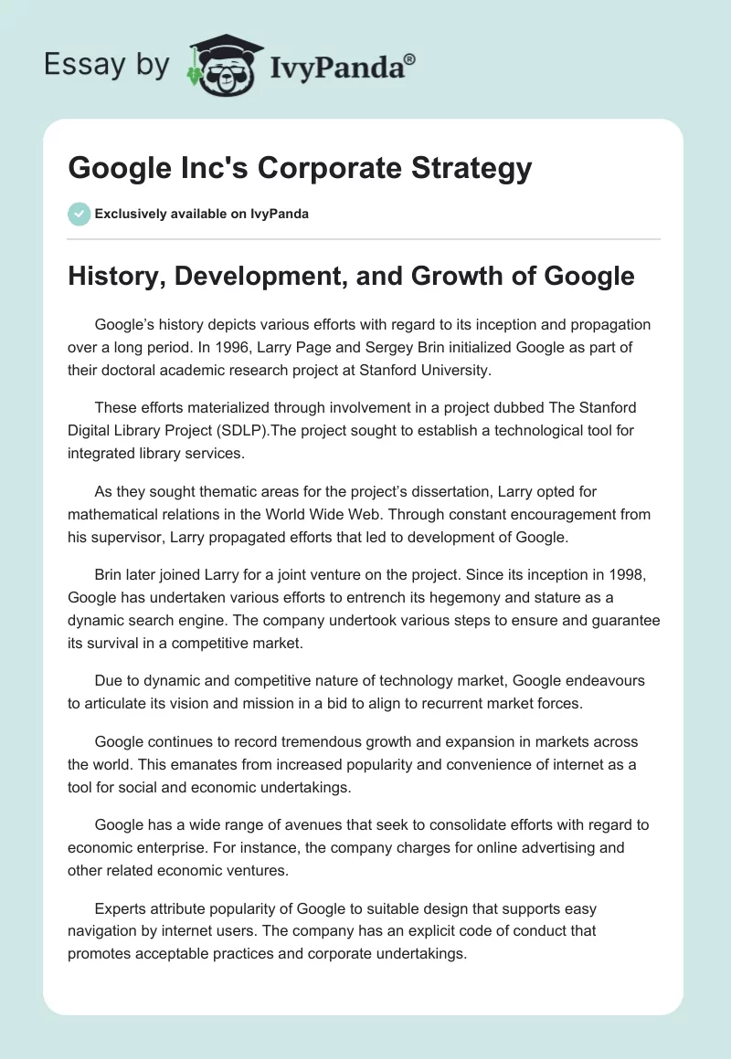 Google Inc's Corporate Strategy. Page 1