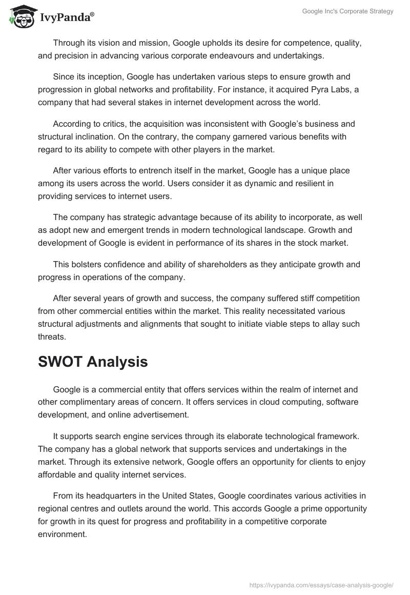 Google Inc's Corporate Strategy. Page 2