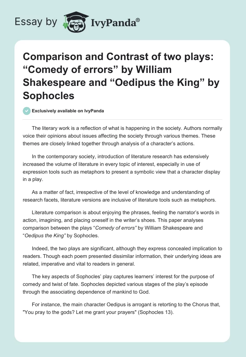 Comparison and Contrast of Two Plays: “Comedy of Errors” by William Shakespeare and “Oedipus the King” by Sophocles. Page 1