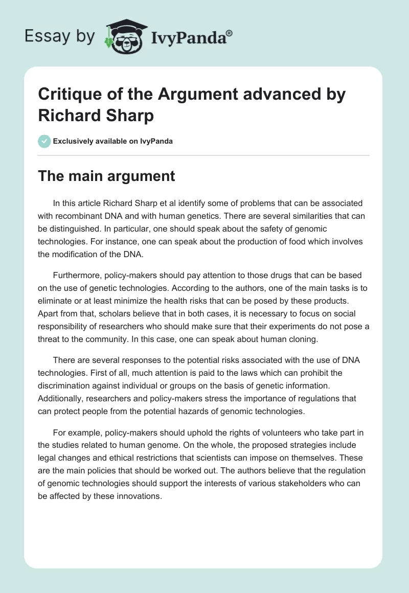 Critique of the Argument advanced by Richard Sharp. Page 1