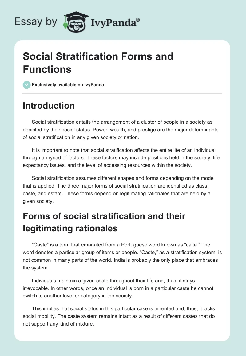 Social Stratification Forms and Functions. Page 1