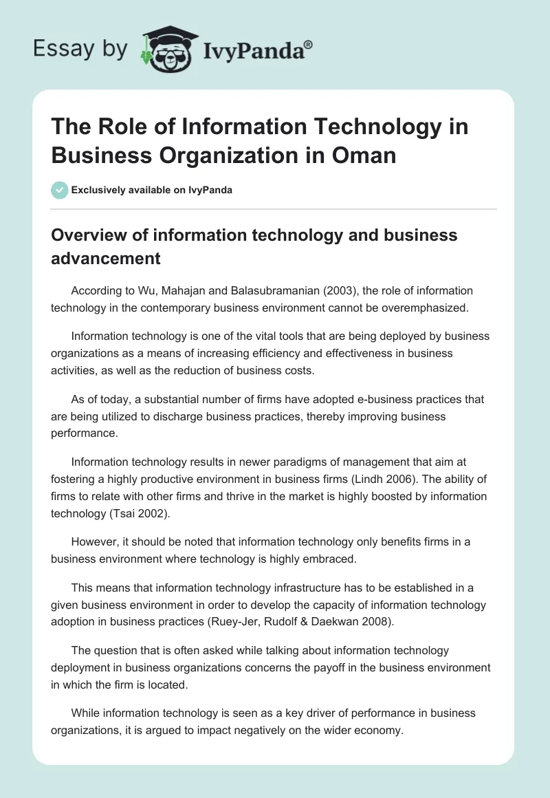 The Role of Information Technology in Business Organization in Oman. Page 1