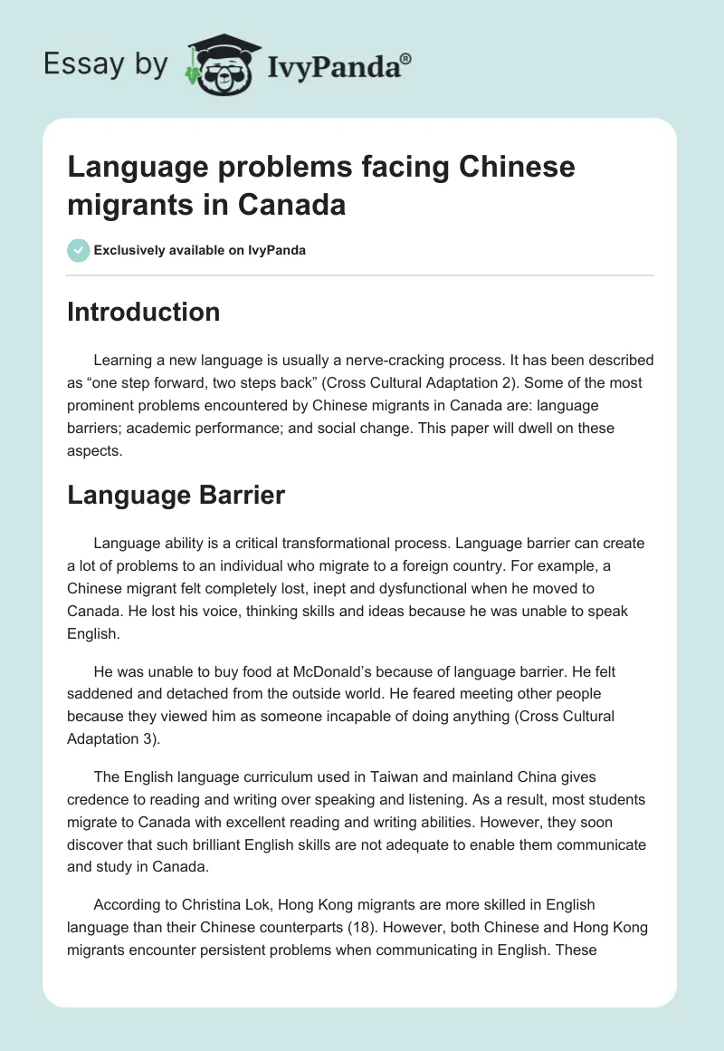 Language problems facing Chinese migrants in Canada. Page 1