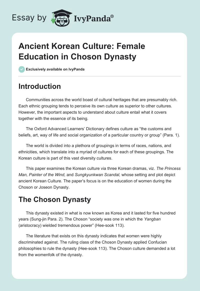 Ancient Korean Culture: Female Education in Choson Dynasty. Page 1