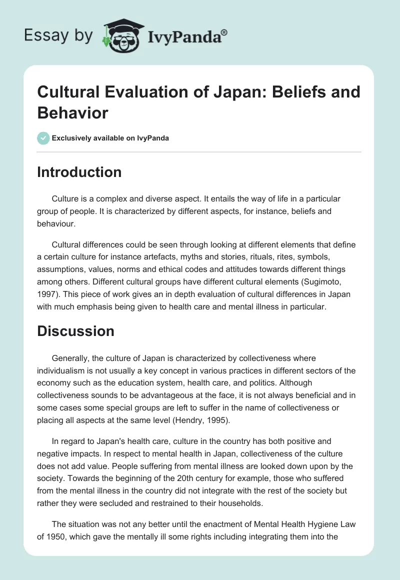Cultural Evaluation of Japan: Beliefs and Behavior. Page 1