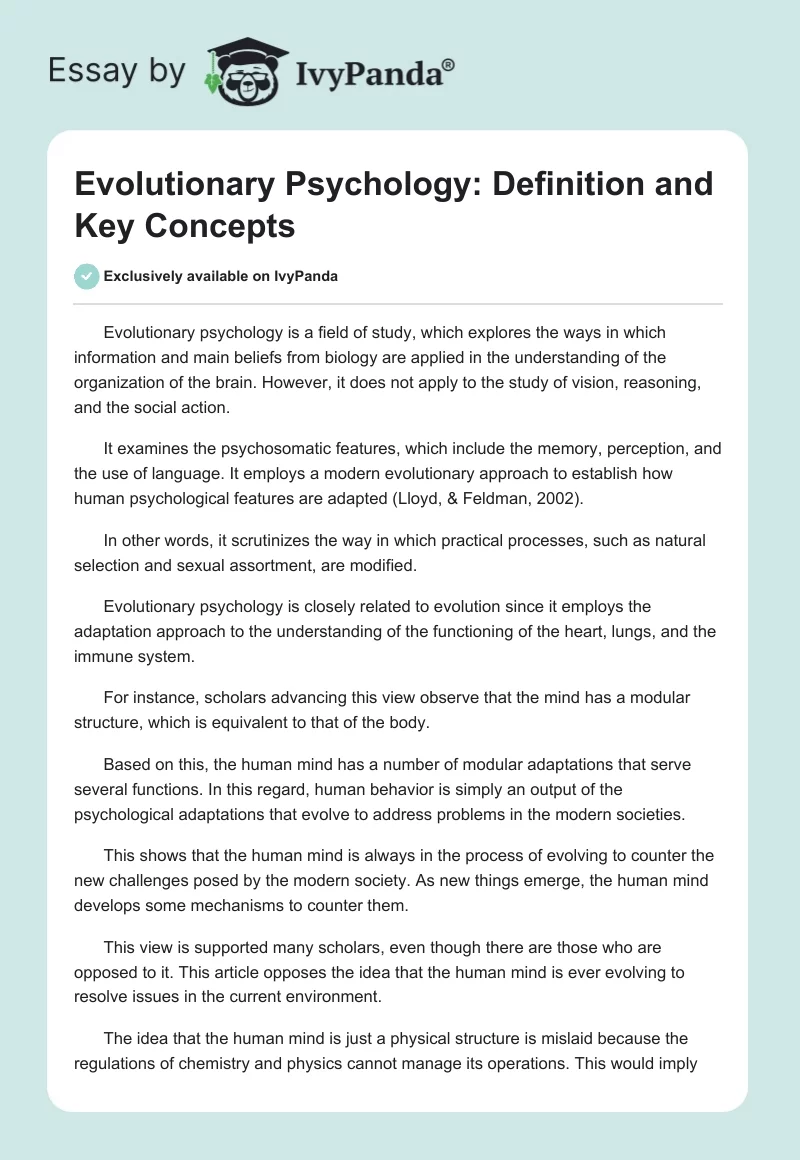 Evolutionary Psychology: Definition and Key Concepts. Page 1