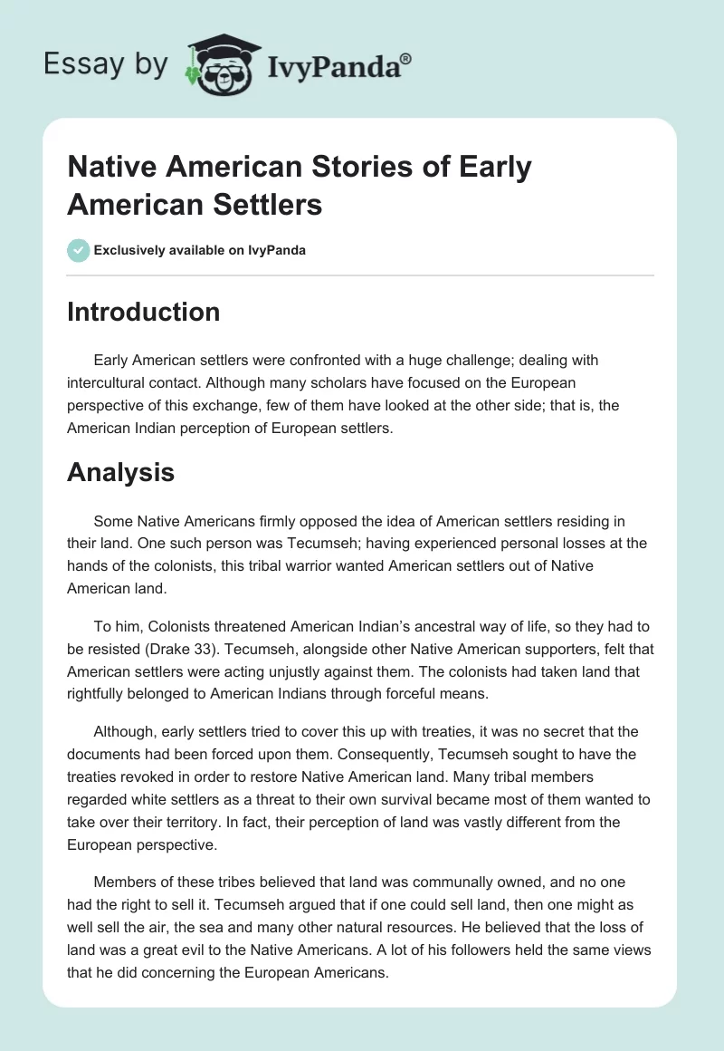 Native American Stories of Early American Settlers. Page 1