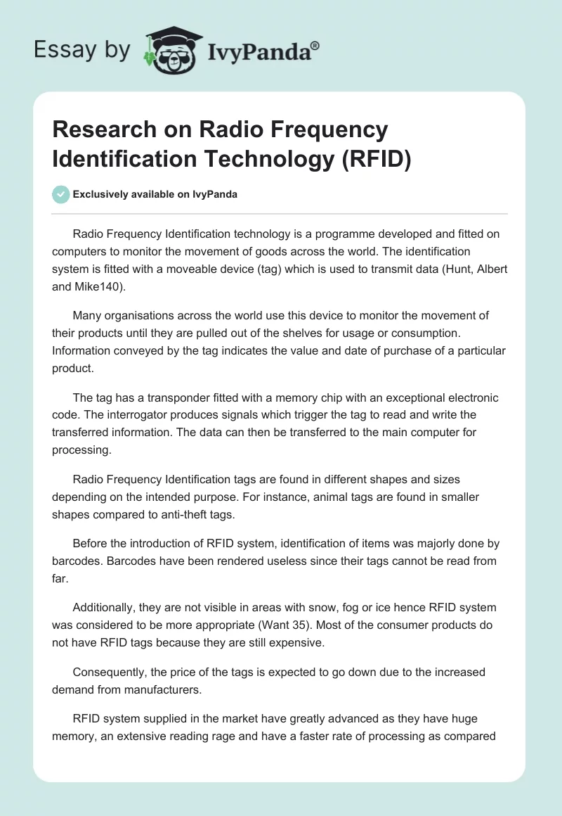 Research on Radio Frequency Identification Technology (RFID). Page 1