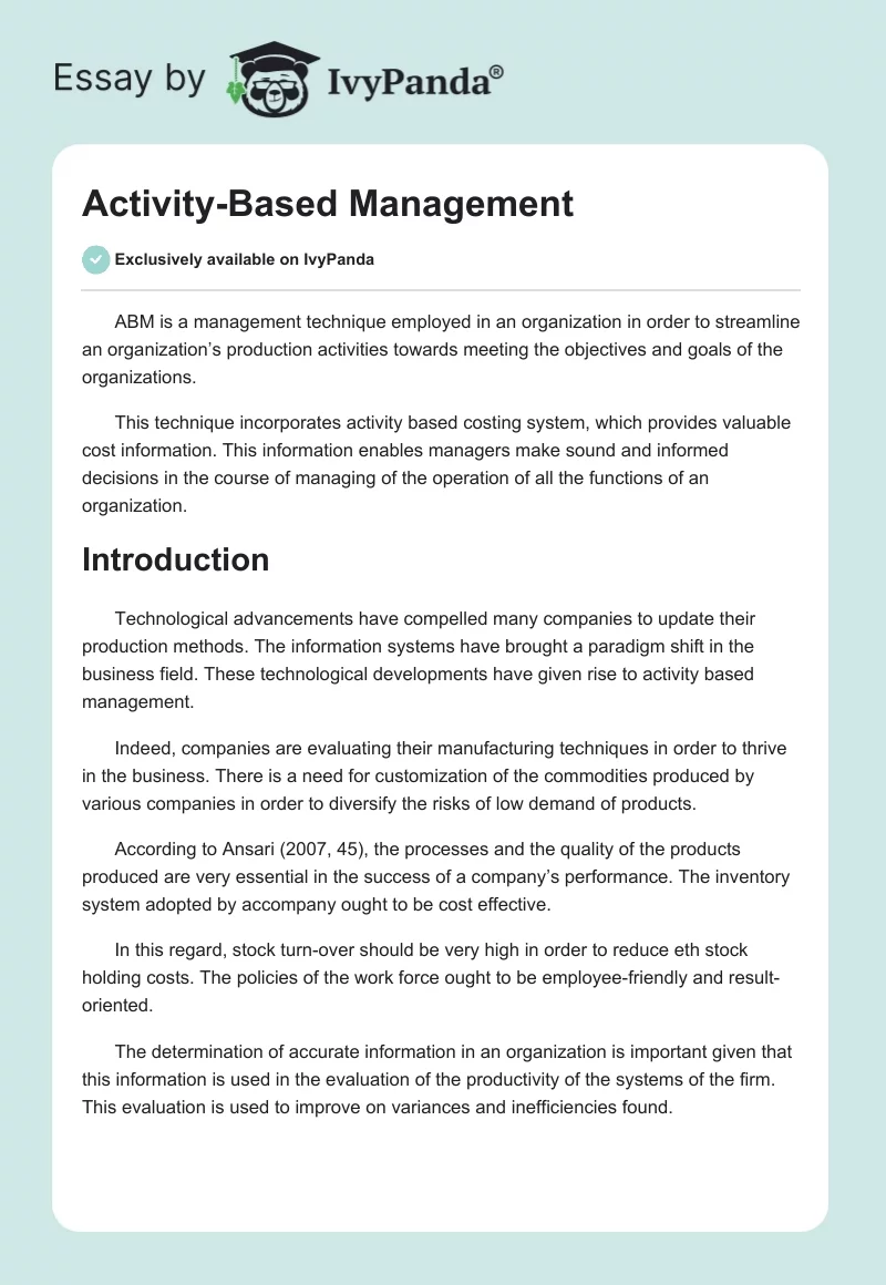 Using Activity-Based Management to Evaluate a Business. Page 1