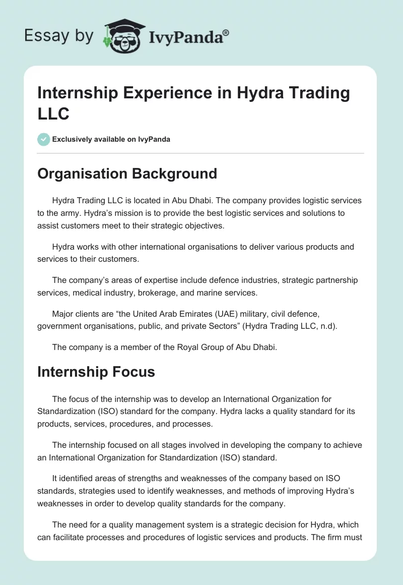 Internship Experience in Hydra Trading LLC. Page 1