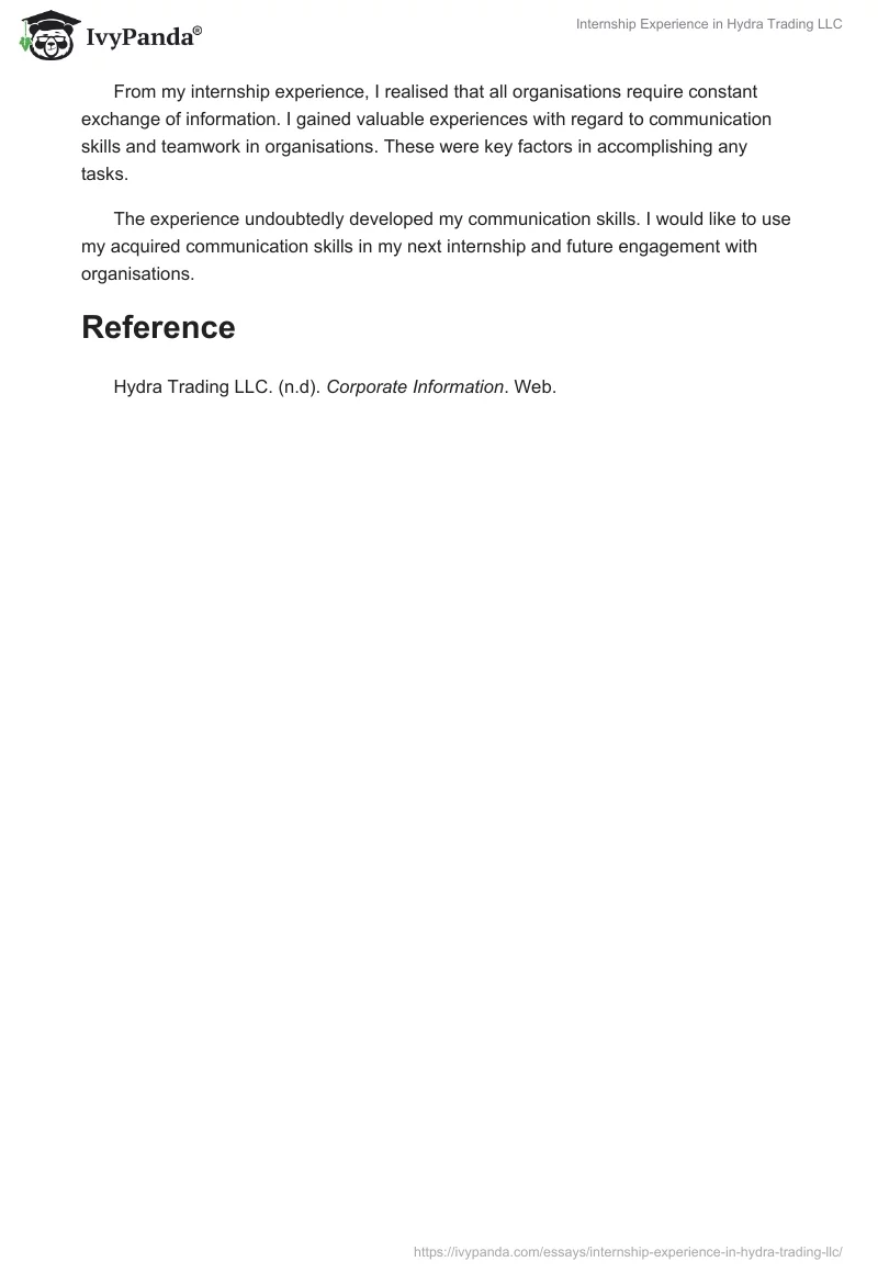Internship Experience in Hydra Trading LLC. Page 3