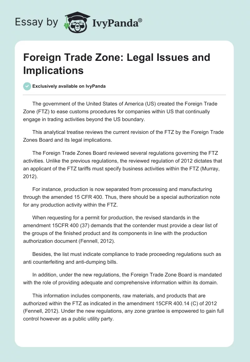 Foreign Trade Zone: Legal Issues and Implications. Page 1