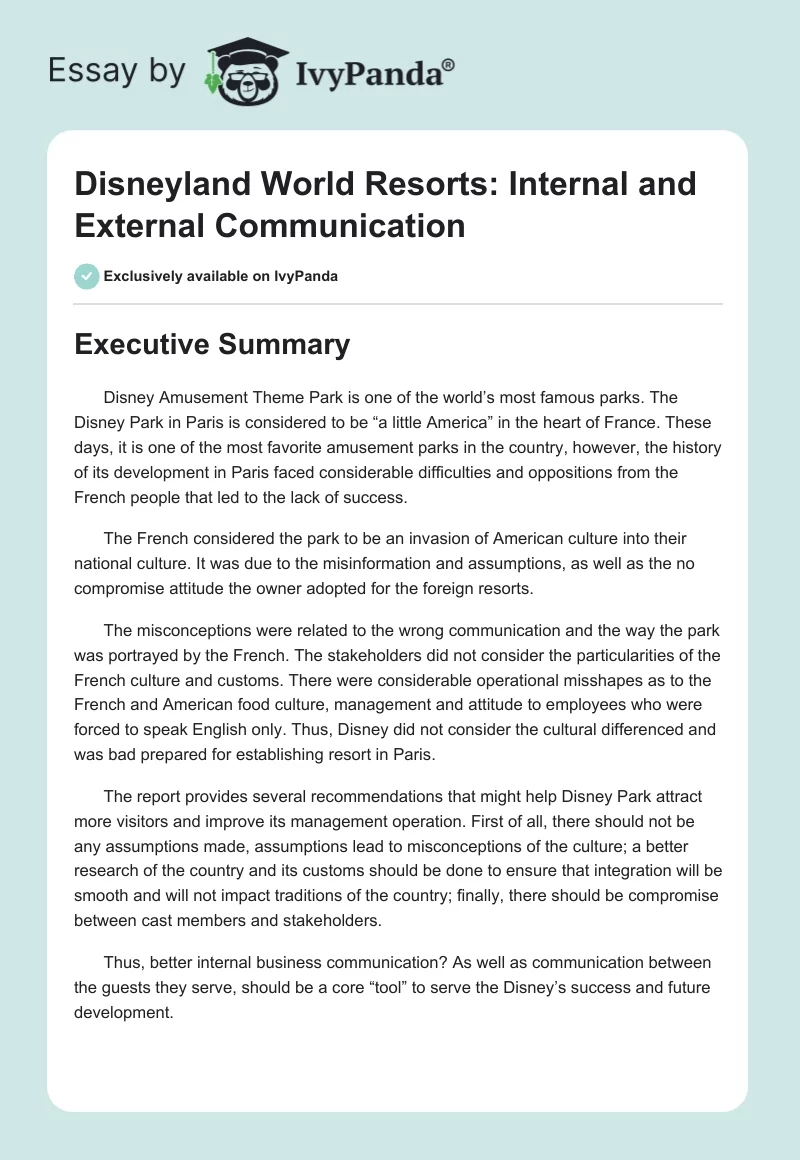 Disneyland World Resorts: Internal and External Communication. Page 1