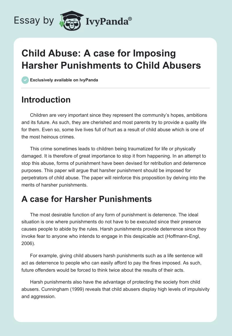 Child Abuse: A Case for Imposing Harsher Punishments to Child Abusers. Page 1