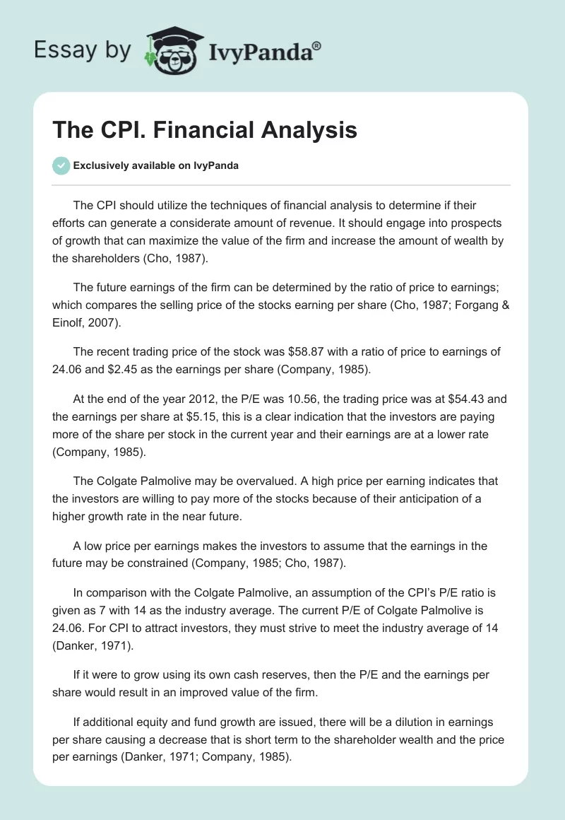 The CPI. Financial Analysis. Page 1