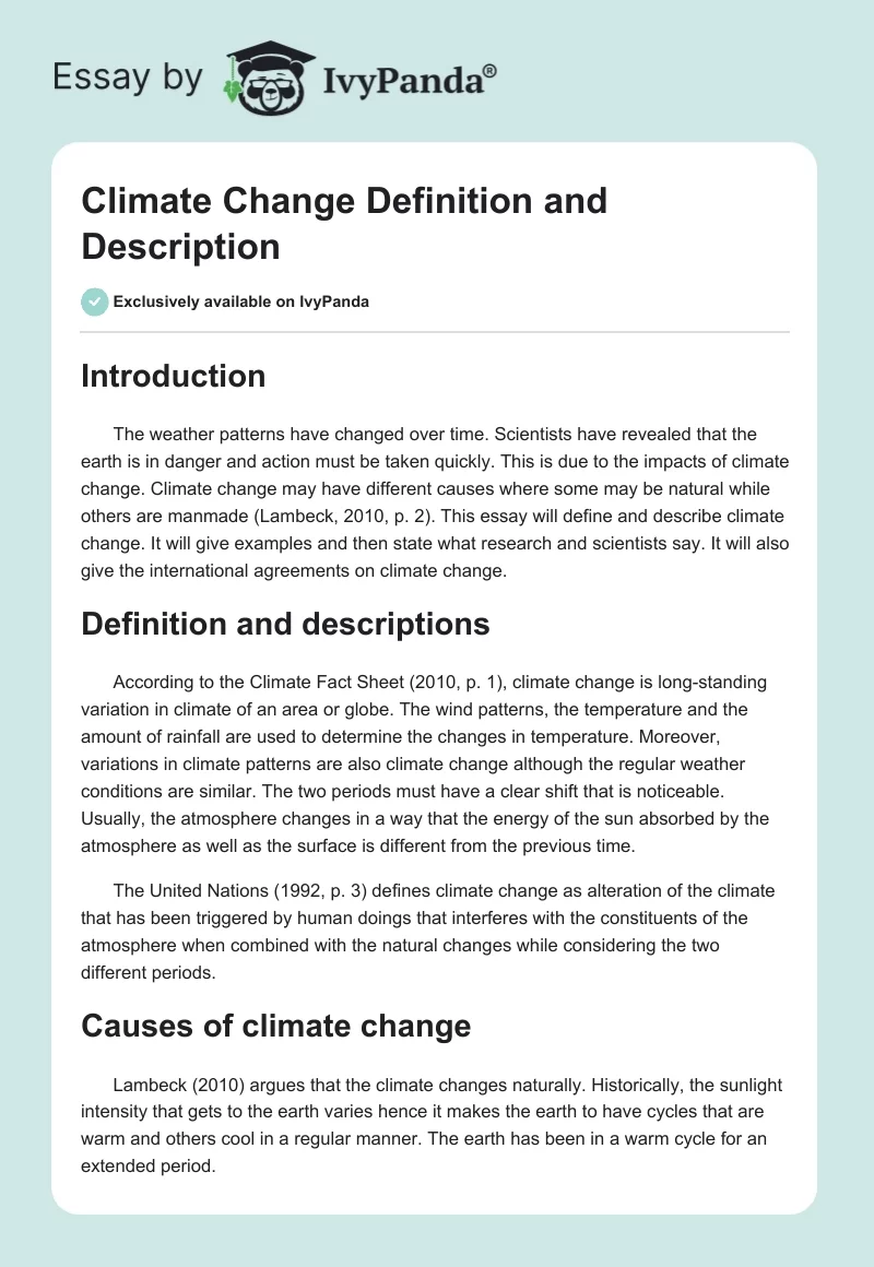Climate Change Definition and Description. Page 1